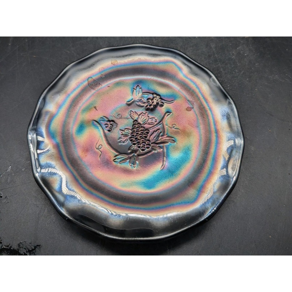 Amethyst St Clair for SCGC Carnival Glass Plate Iridescent Paneled Grape Leaf 3"